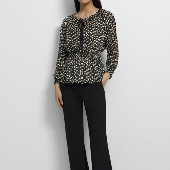 Theory Blouse Top Silk Blend Tie Neckline Gathered Waist Long Sleeve Black L NWT - Picture 14 of 14